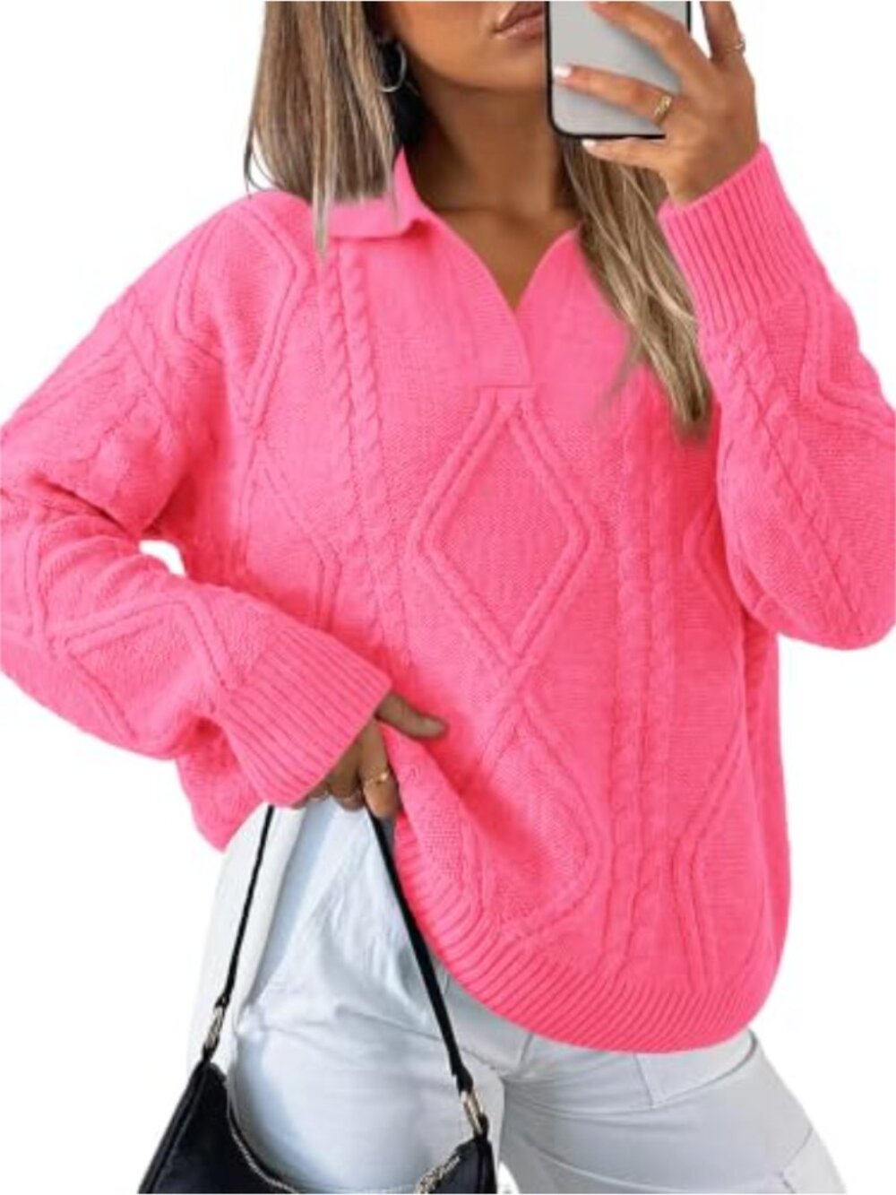Women's Cable Knit Lapel Collar Oversized Pullover Sweater